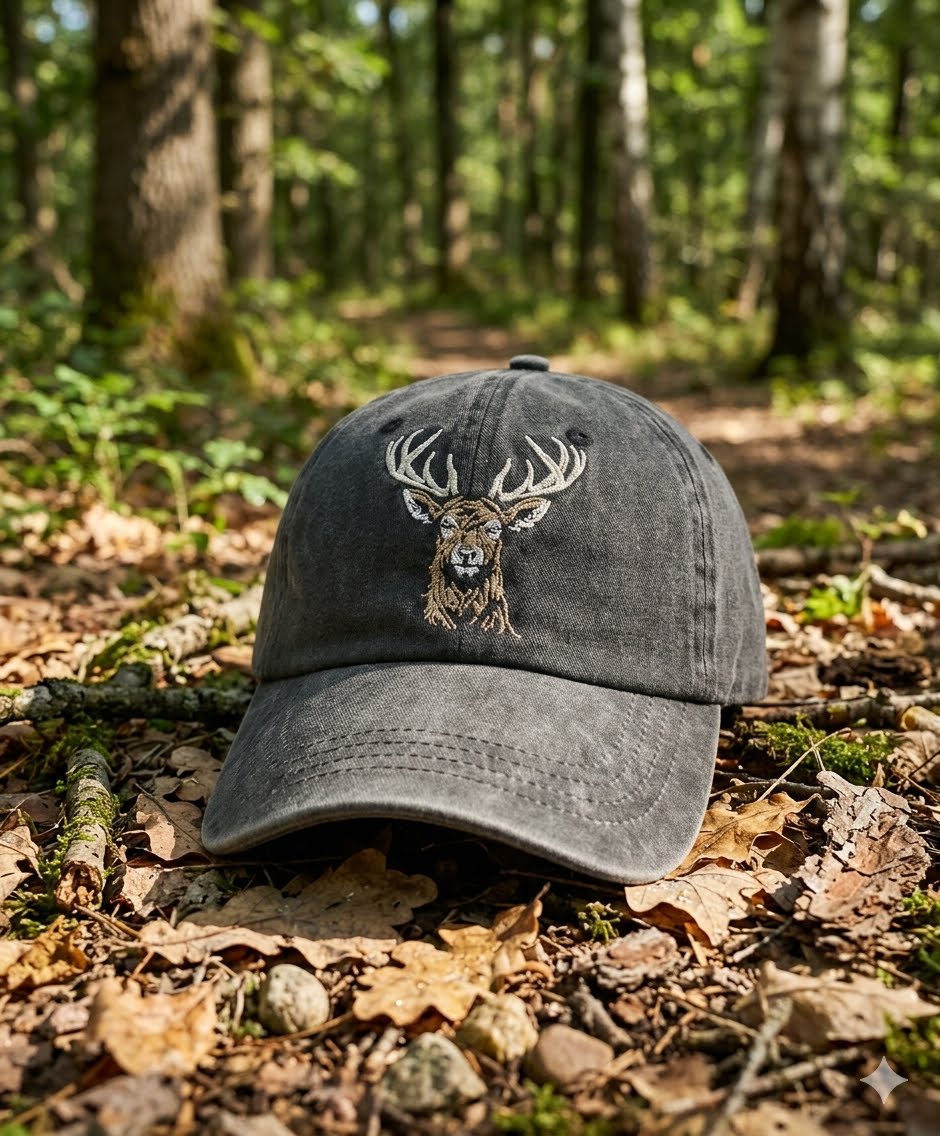 A dark gray washed baseball cap with an embroidered deer head on the front, resting on a forest floor covered in dry leaves and branches. big green bear biggreenbear.com
