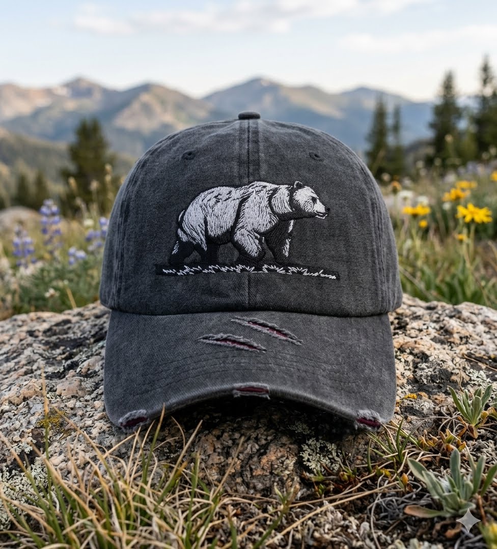 A dark gray distressed baseball cap with an embroidered black and white grizzly bear design, resting on a large rock in a mountain meadow with wildflowers and distant mountains in the background. big green bear biggreenbear.com