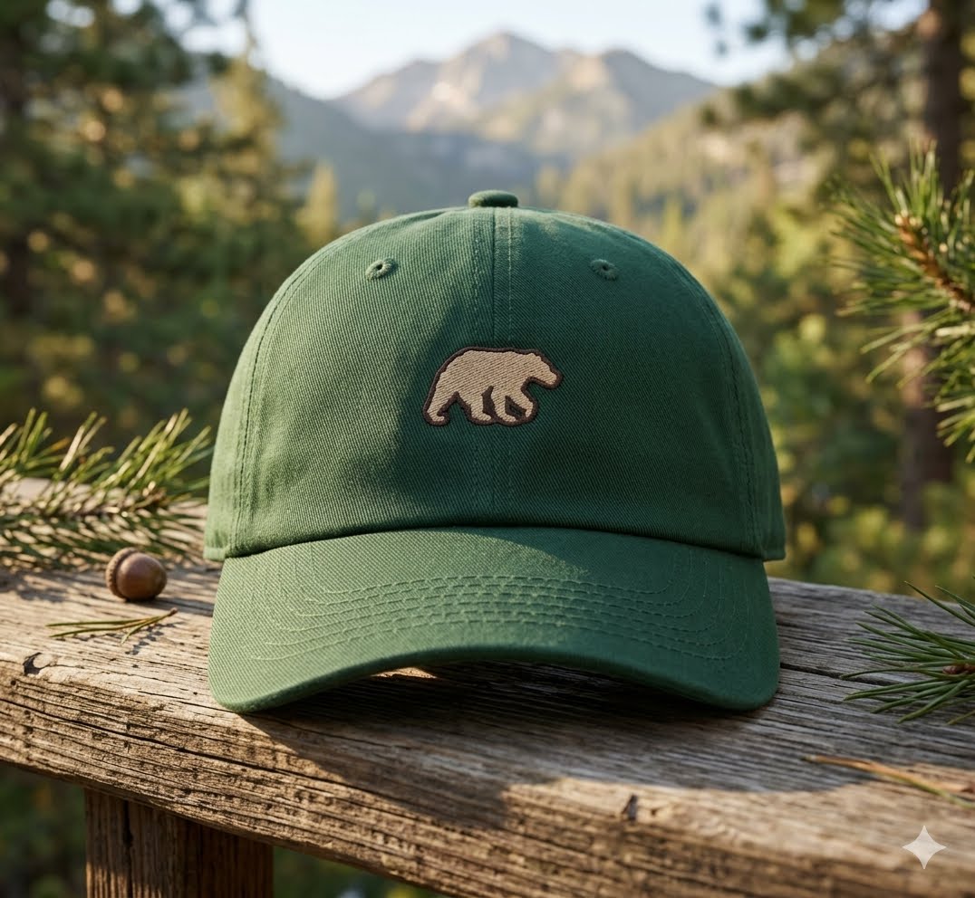 A green baseball cap with an embroidered brown bear logo, resting on a rustic wooden railing with a mountain and pine forest background. big green bear biggreenbear.com