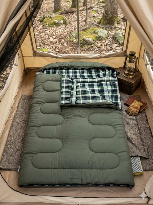 An olive green camping sleeping pad with a matching green and black plaid pillowcase, set inside a beige tent in a forest campsite environment. big green bear biggreenbear.com
