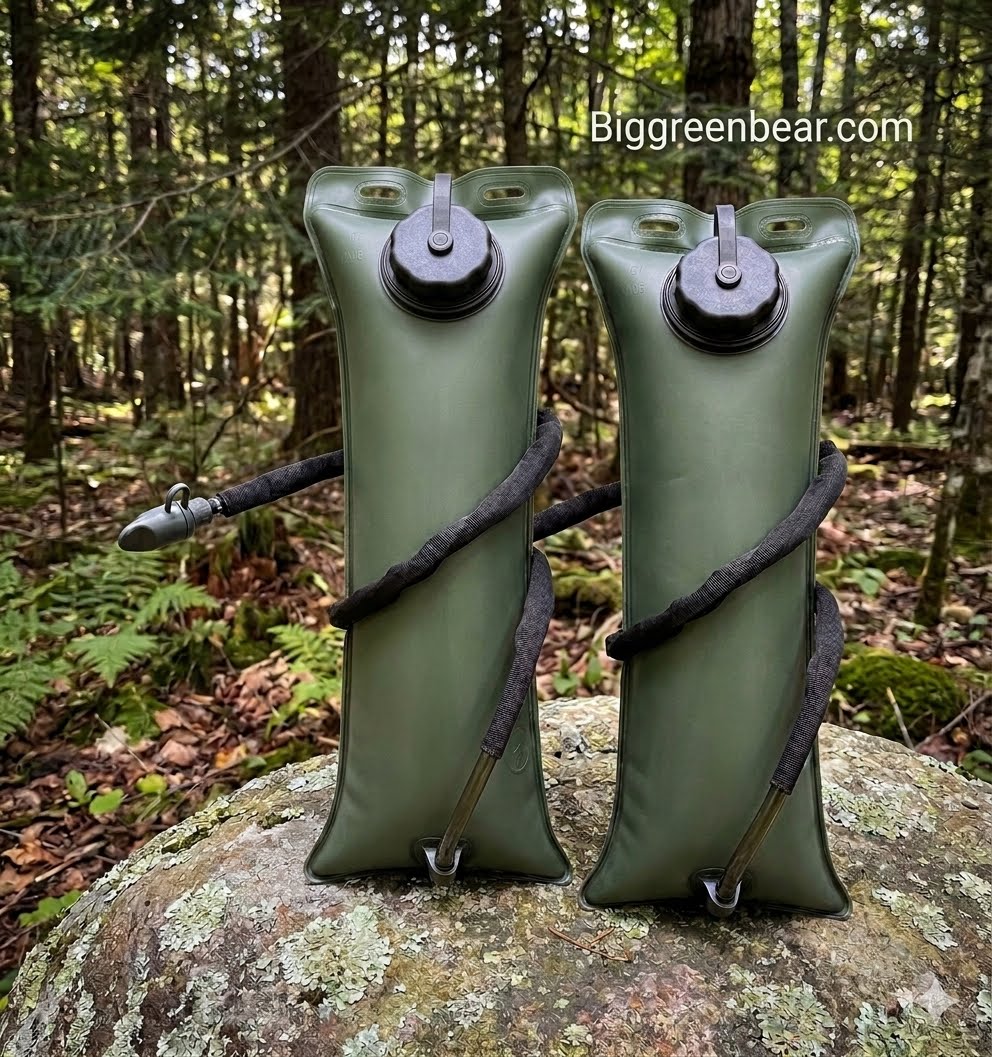 Two olive green inflatable water bottles with black straws, standing on a mossy rock in a forest setting. A watermark 'Biggreenbear.