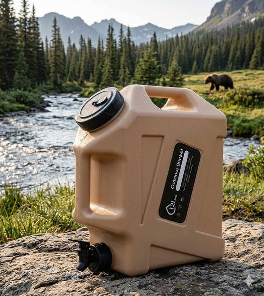 A 20-liter outdoor bucket in tan with black lids and spout, placed on a rock in a mountain stream setting with a bear in the background. big green bear biggreenbear.com