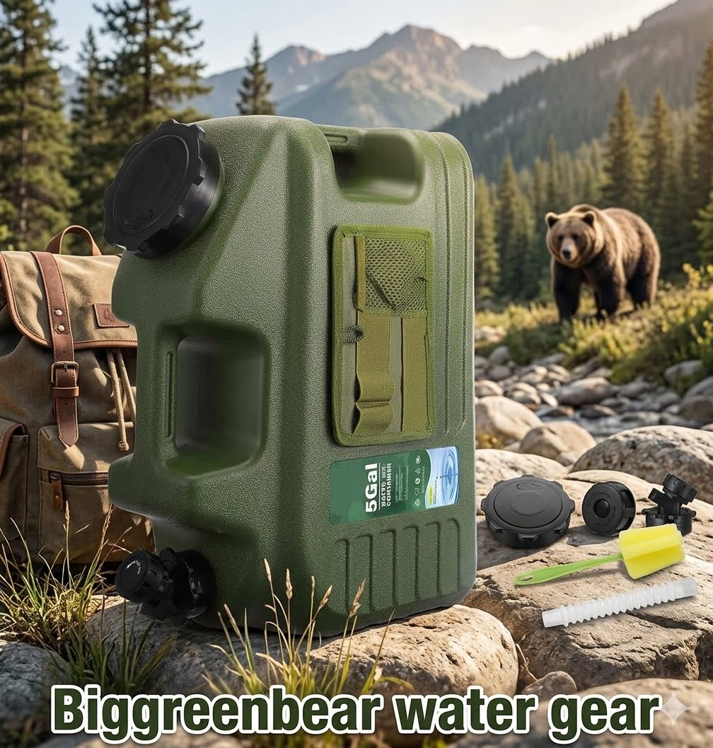 An olive green 5-gallon water container shown outdoors in a mountain setting, with a bear in the background and camping accessories nearby. The text 'Biggreenbear water gear' appears at the bottom.