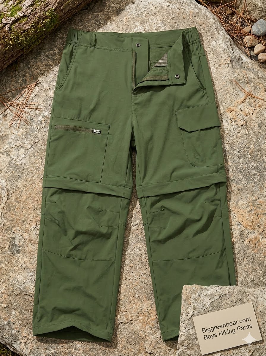 Olive green convertible camp pants laid flat on a textured stone surface, featuring a zippered pocket on one leg and a flap pocket on the other, with a small Biggreenbear.com label tag in the corner.