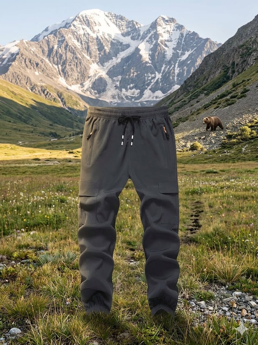 Dark gray outdoor cargo pants displayed on a invisible mannequin against a scenic mountain and grassy valley background with a brown bear in the distance. big green bear