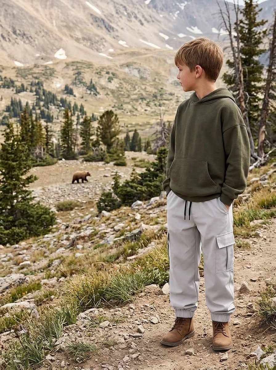 A young boy stands on a mountain trail wearing an olive green hoodie and light gray cargo pants, looking out at a scenic alpine landscape with trees, rocks, and a distant bear.