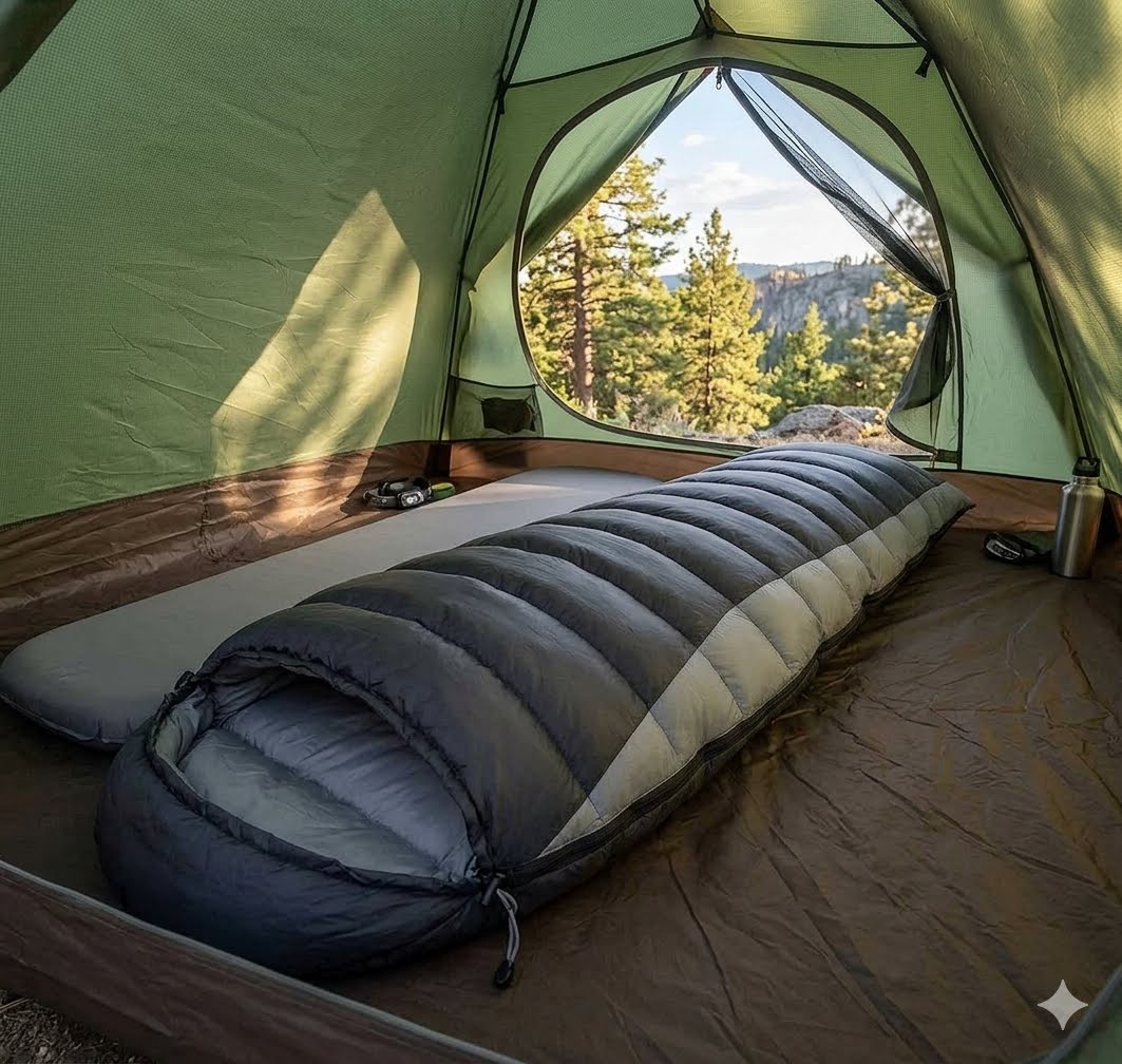 A dark gray and beige mummy sleeping bag laid out inside a green tent, with a camping floor mat and an open window showing a forest landscape outside. big green bear biggreenbear.com