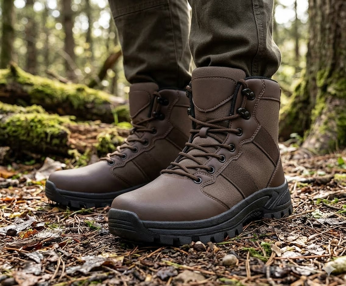 A pair of brown lace-up tactical boots worn with olive green pants, shown in a forest setting on a forest floor. big green bear biggreenbear.com