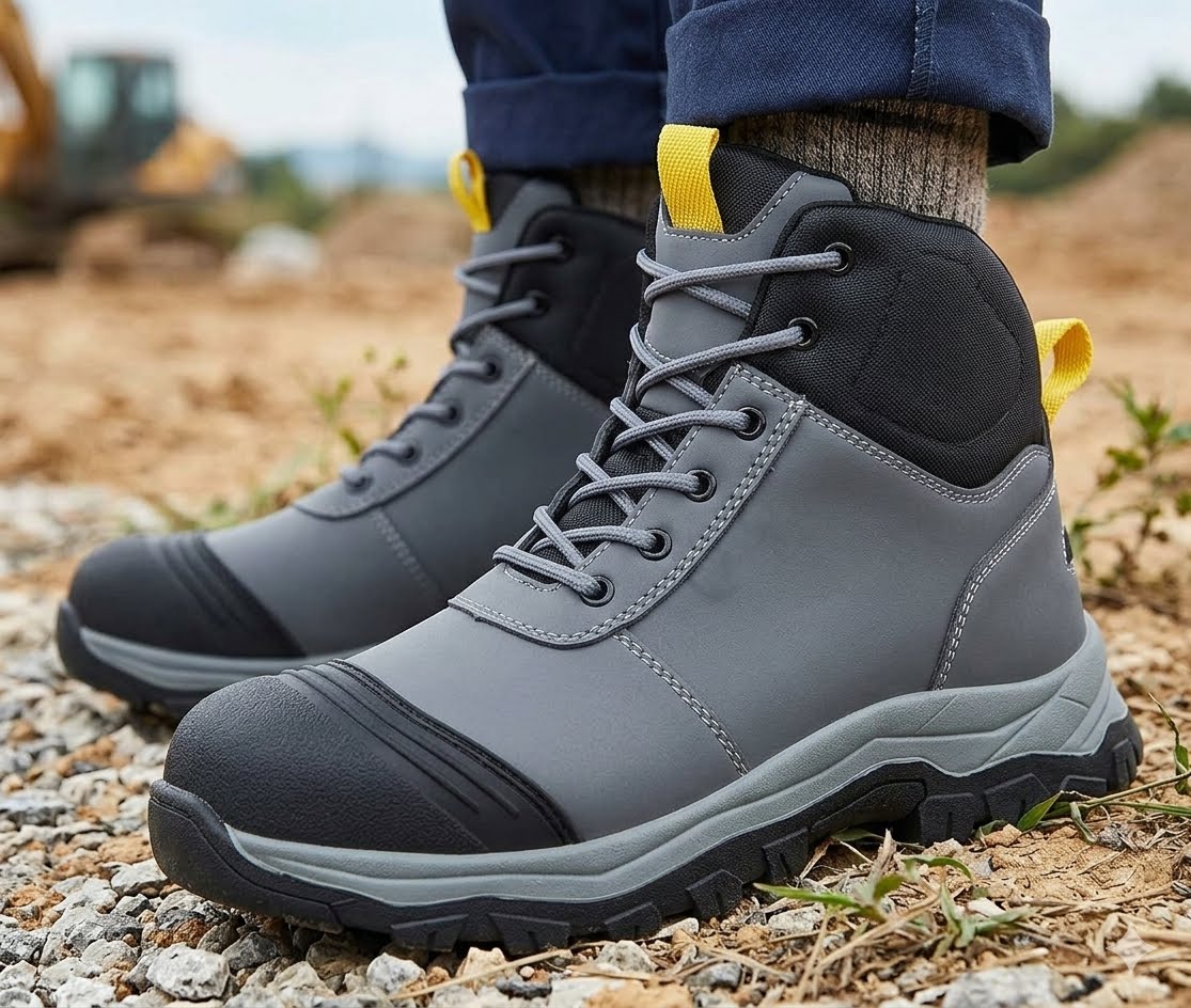 A pair of gray and black high-top work boots with yellow pull tabs, shown worn with navy pants on a gravel and dirt outdoor surface. big green bear biggreenbear.com