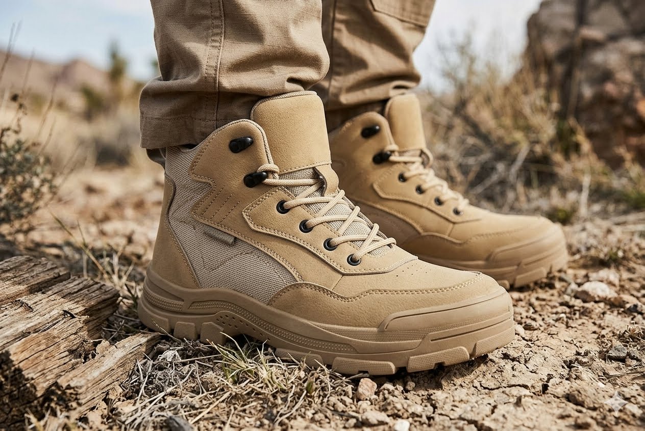 A pair of tan tactical boots worn with khaki pants, shown outdoors on a rocky, dry terrain. big green bear biggreenbear.com