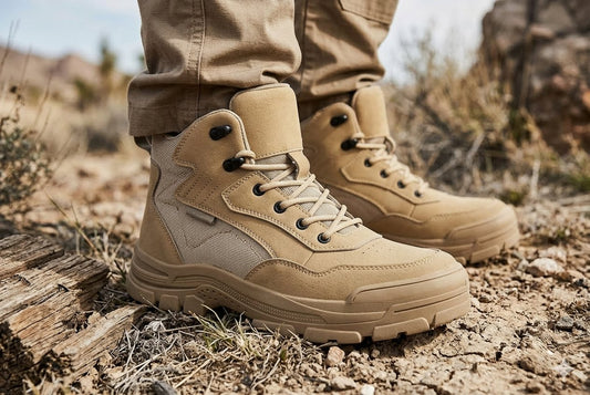 A pair of tan tactical boots worn with khaki pants, shown outdoors on a rocky, dry terrain. big green bear biggreenbear.com