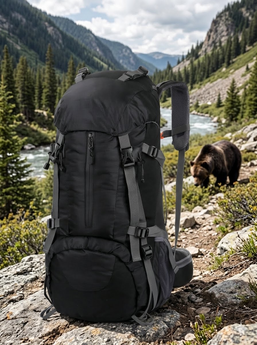 A large black hiking backpack with gray straps and buckles sits on a rocky trail in a mountain landscape. A brown bear is visible in the background near a river, and pine trees and steep mountains fill the environment. big green bear biggreenbear.com