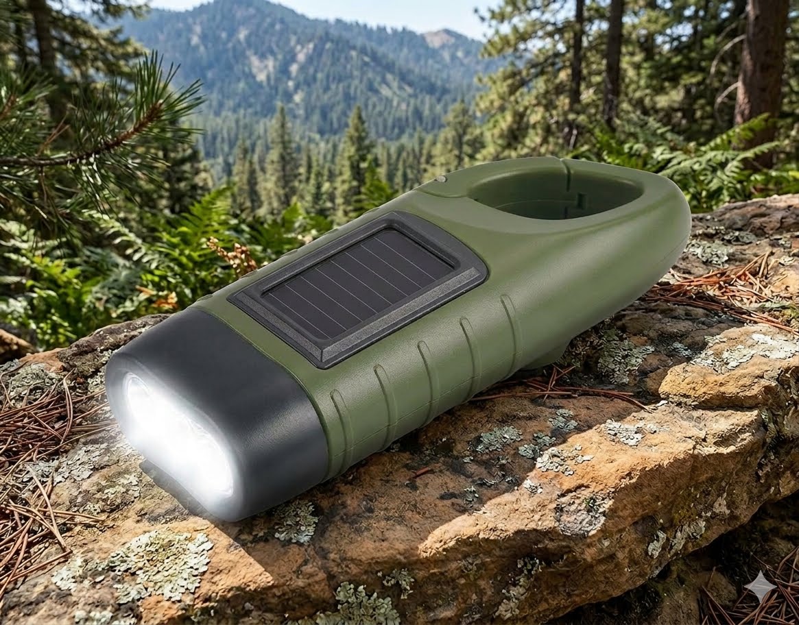 An outdoor solar-powered flashlight with an olive green body and a black front lens, resting on a mossy rock with a forest and mountain background. big green bear biggreenbear.com