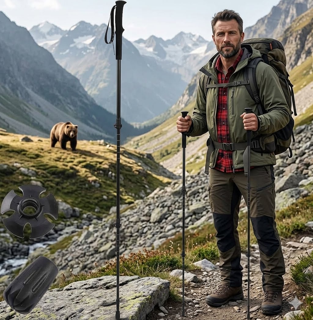A man in outdoor hiking gear stands on a mountain trail holding two black trekking poles, with a bear visible in the valley behind him. Two additional black trekking pole components are shown floating on the left side of the frame. big green bear biggreenbear.com