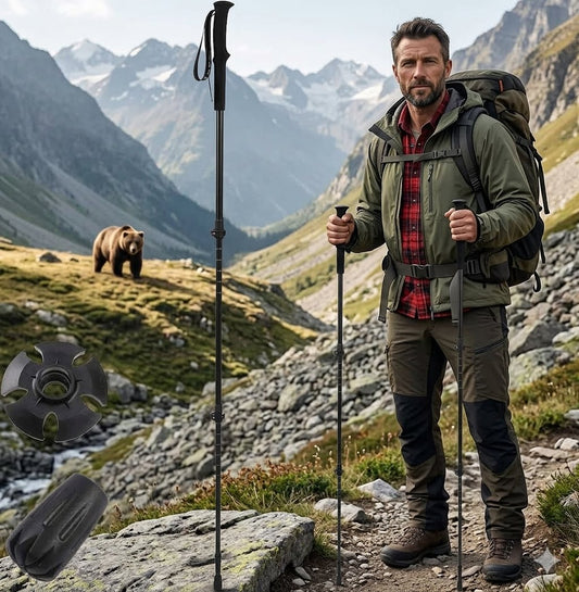 A man in outdoor hiking gear stands on a mountain trail holding two black trekking poles, with a bear visible in the valley behind him. Two additional black trekking pole components are shown floating on the left side of the frame. big green bear biggreenbear.com