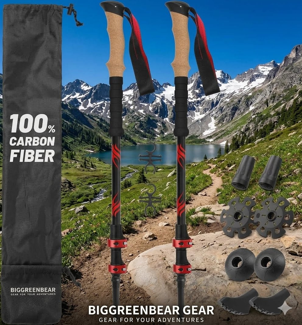 Two carbon fiber hiking poles with beige and red grips are shown in front of a mountain lake landscape, alongside a black carrying bag, extra rubber tips, and foot pads. The bag reads '100% CARBON FIBER' and 'BIGGREENBEAR GEAR'.