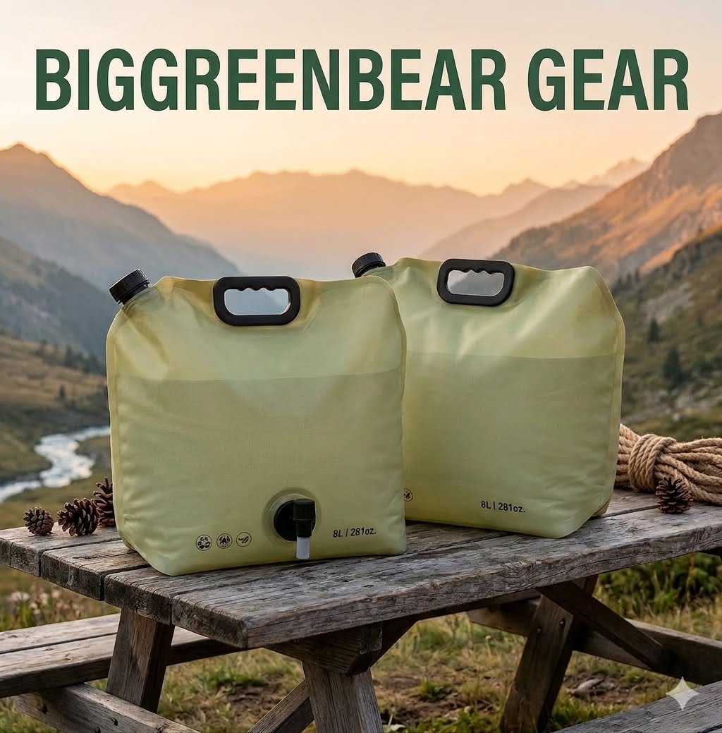 Two large olive green BearPack water bags with black handles sit on a rustic wooden picnic table outdoors, with mountains and a river in the background. The text 'BIGGREENBEAR GEAR' is displayed at the top. big green bear