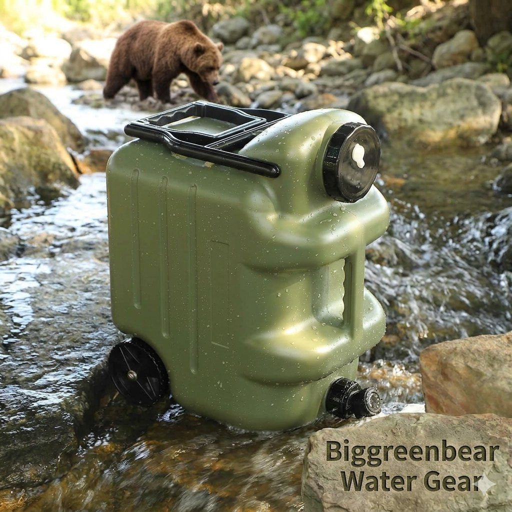 An olive green water container with black lids and handle, partially submerged in a flowing stream outdoors, with a brown bear walking in the background. Text overlay reads 'Biggreenbear Water Gear'.