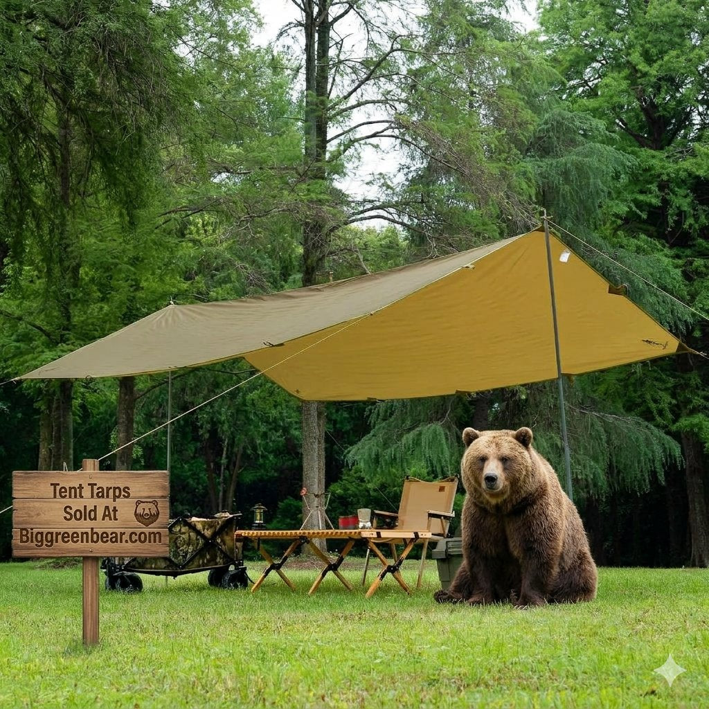 A tan tent tarp is pitched over a campsite setup in a grassy forest clearing, with a folding table, chair, and a large bear figurine seated beneath it. A wooden sign reads 'Tent Tarps Sold At Biggreenbear.