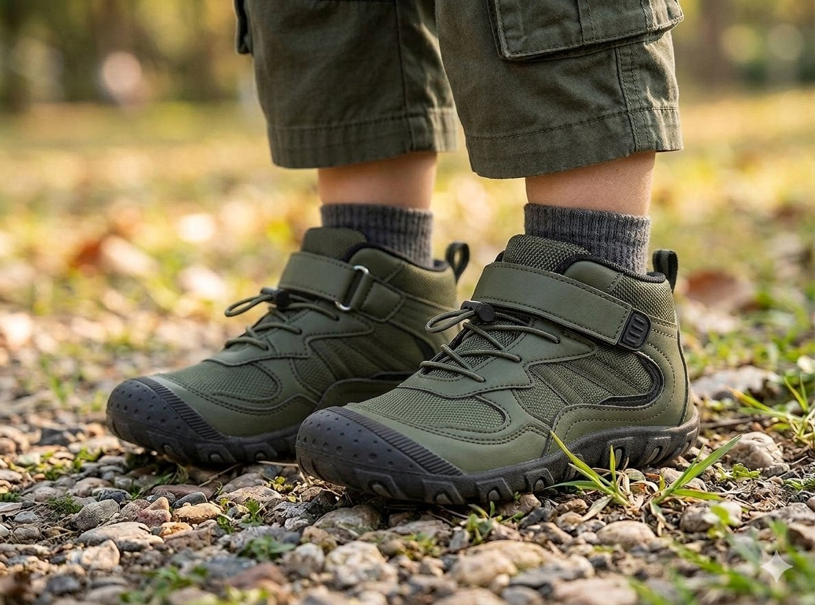 Olive green tactical-style hiking boots with hook-and-loop straps and black soles, shown on a person standing outdoors on gravel. big green bear biggreenbear.com