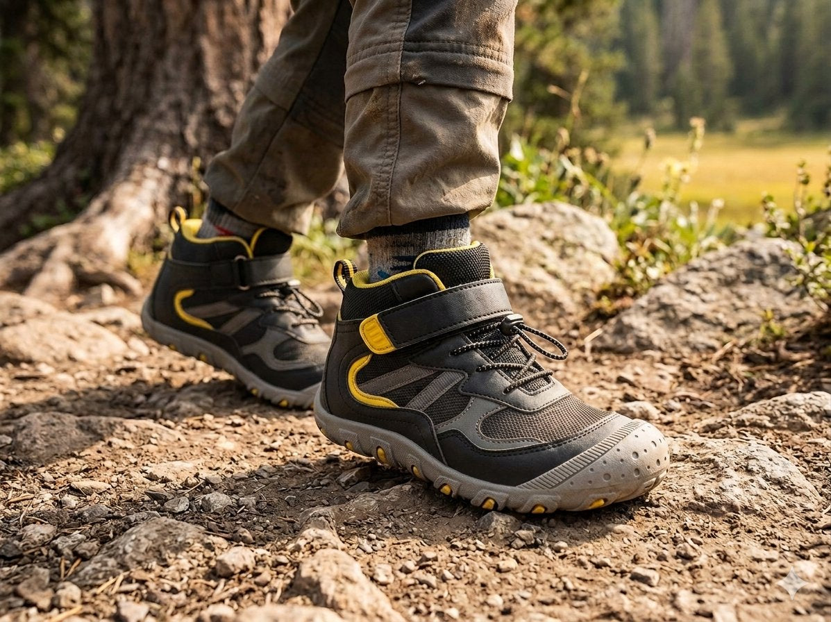 A close-up of a person hiking on a rocky forest trail, wearing black and gray hiking boots with bright yellow accents and olive cargo pants. big green bear biggreenbear.com
