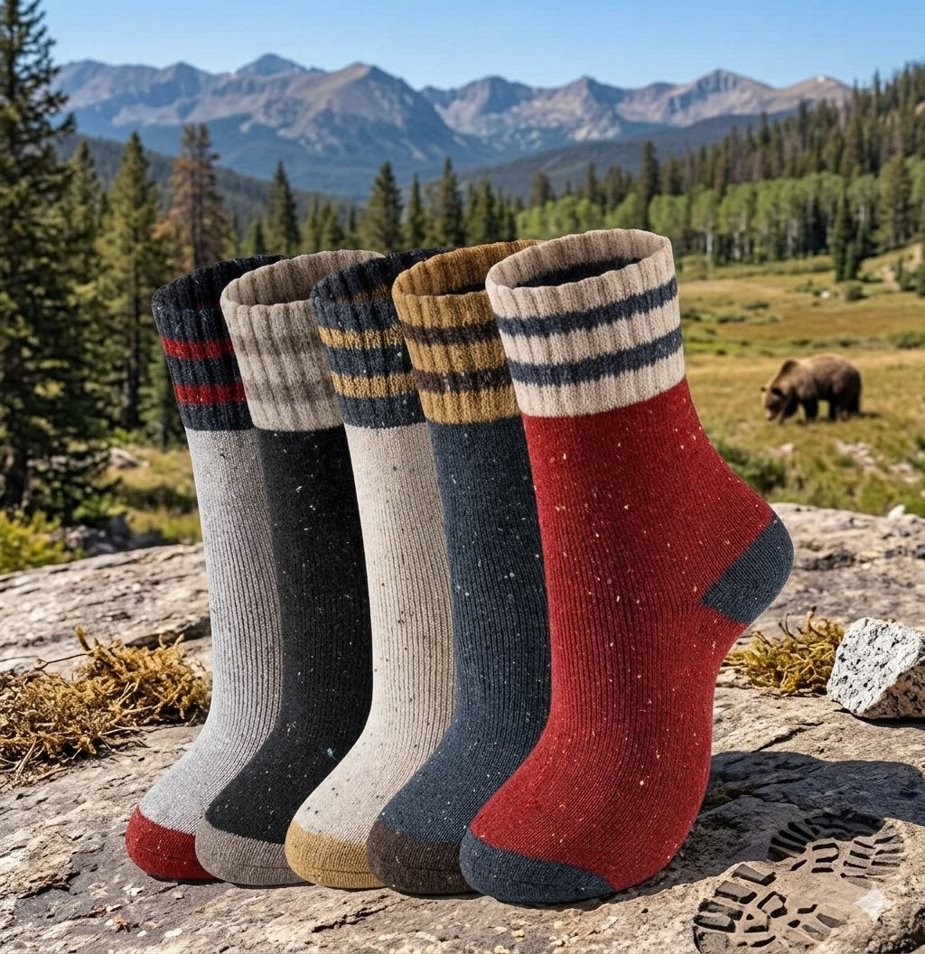 Four pairs of knit hiking socks in different colors are arranged on a rocky mountain trail with a forest and bear in the background. The socks include red, dark gray, light gray, and beige pairs, each with striped cuffs and solid knit toes, heels, and soles. big green bear biggreenbear.com