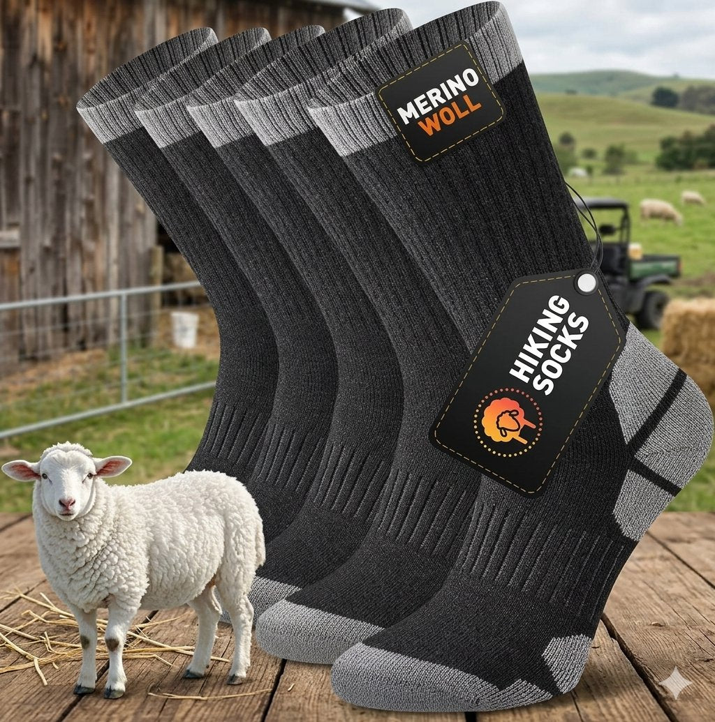 Four pairs of black and gray hiking socks displayed in a fan arrangement on a wooden surface, with a white sheep and a rustic barn in the background. The socks feature a black brand patch reading 'MERINO WOLL' and a hanging tag reading 'HIKING  SOCKS'. big green bear biggreenbear.com
