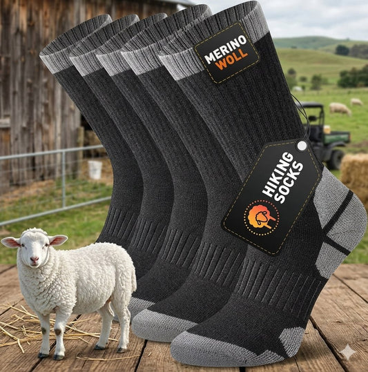 Four pairs of black and gray hiking socks displayed in a fan arrangement on a wooden surface, with a white sheep and a rustic barn in the background. The socks feature a black brand patch reading 'MERINO WOLL' and a hanging tag reading 'HIKING  SOCKS'. big green bear biggreenbear.com
