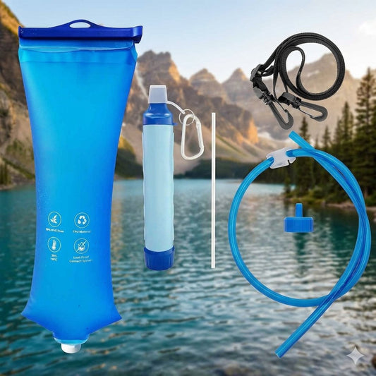 Blue collapsible water bladder set with a matching blue drinking tube, black carabiner clip, white straw, and a portable filter straw, shown against a mountain lake background. big green bear biggreenbearcom