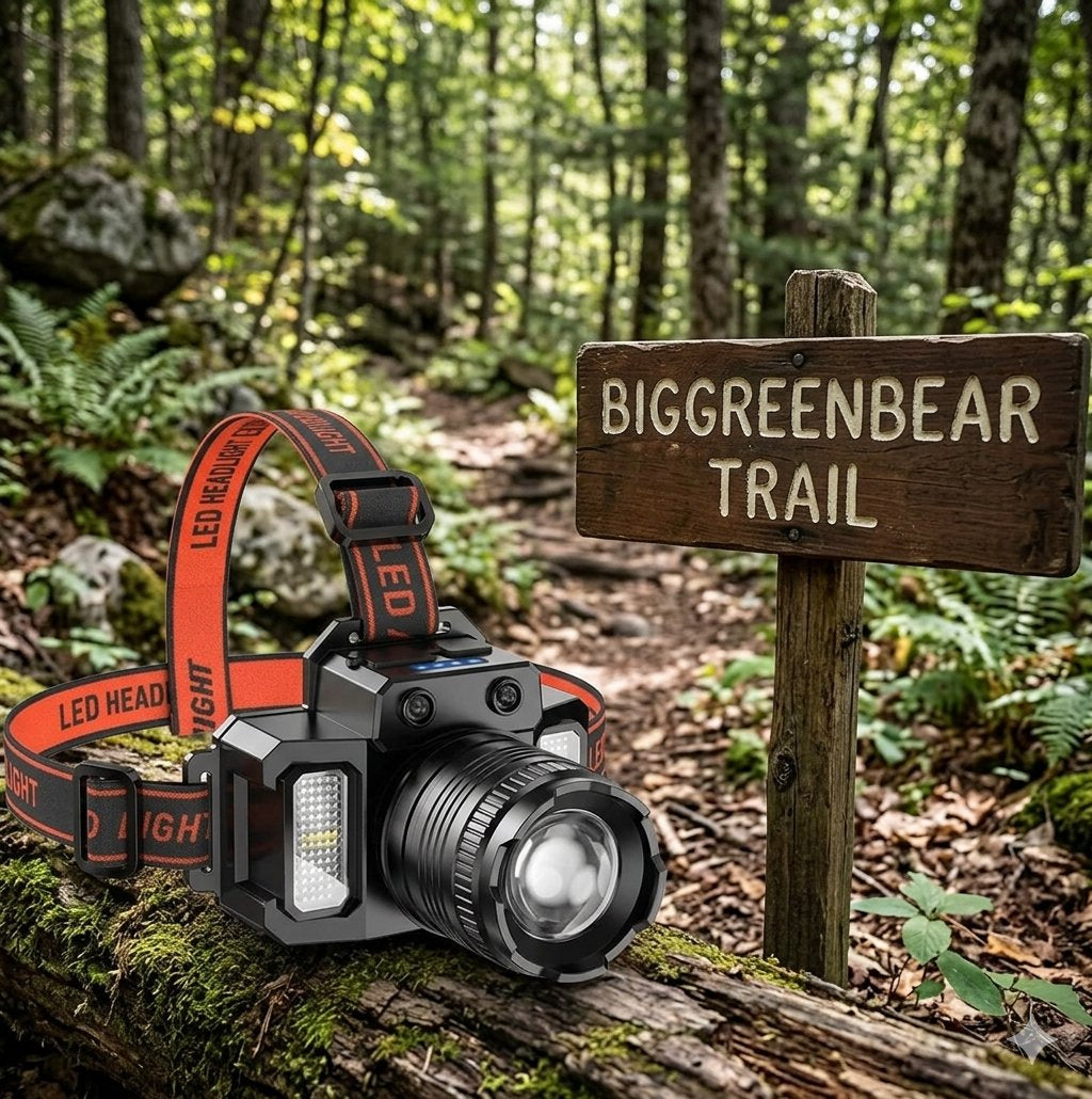A black LED headlamp with an orange adjustable strap lies on a mossy log in a forest trail setting next to a wooden sign reading BIGGREENBEAR TRAIL.