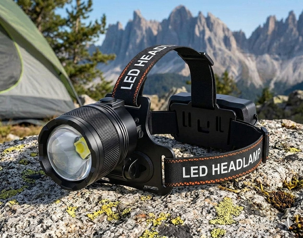 A black LED headlamp with a textured lens and adjustable strap, resting on a rocky mountain path with a green tent and pine trees in the background. big green bear biggreenbear.com