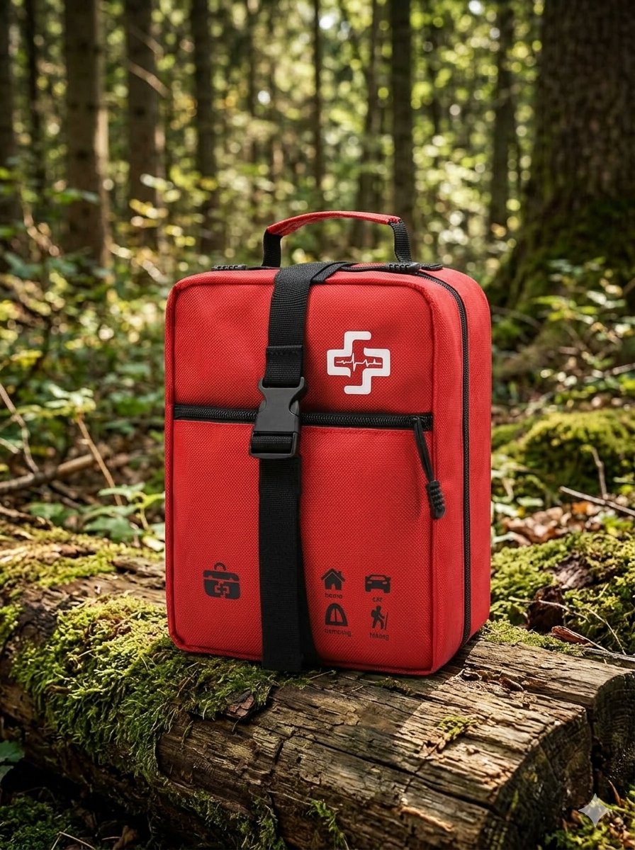 A red first aid kit bag with black straps and a white cross logo, standing on a mossy log in a forest setting. big green bear biggreenbear.com
