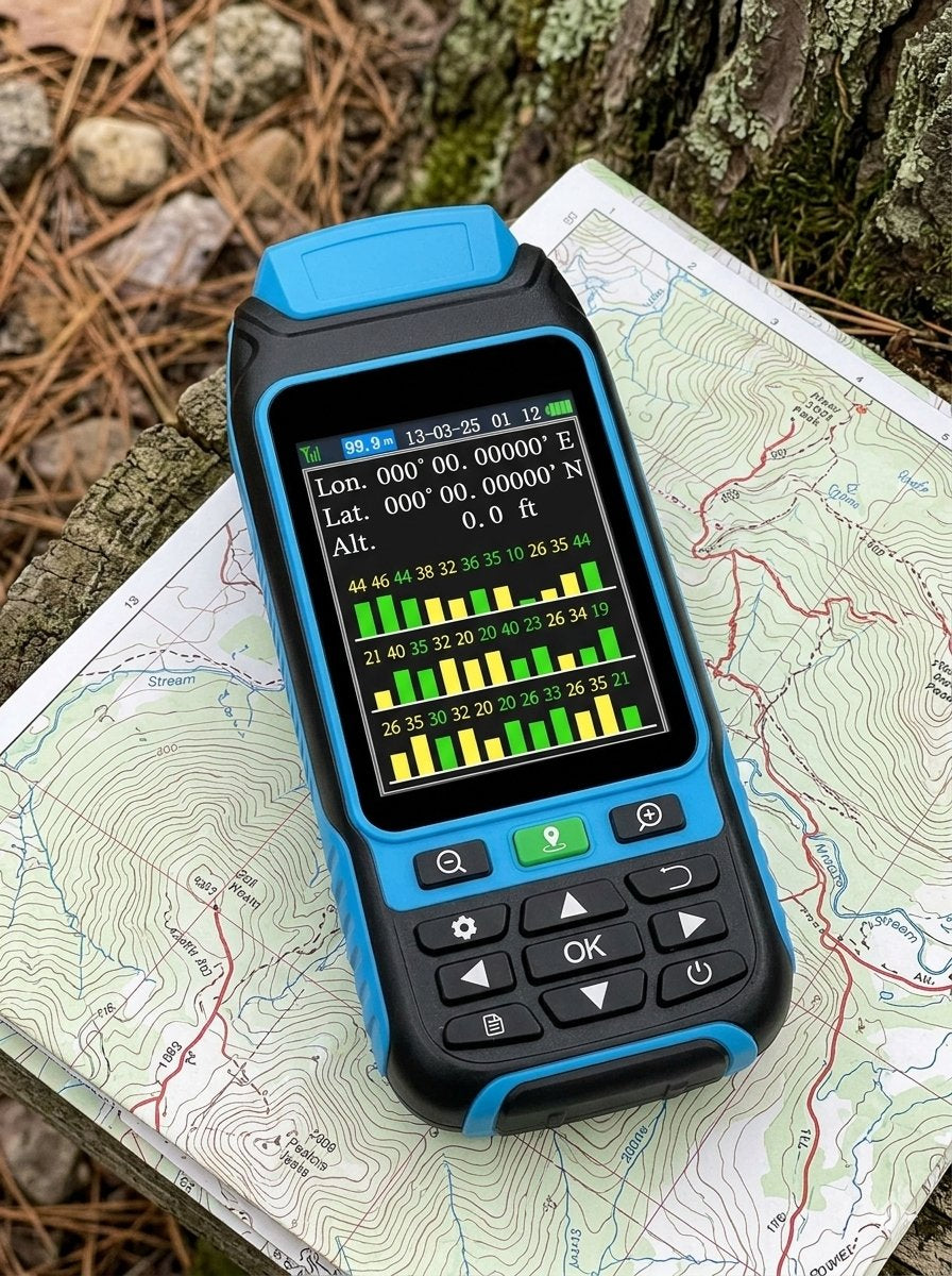 A rugged handheld GPS device with a blue and black casing sits on top of a topographic map outdoors near a tree trunk. big green bear biggreenbear.com