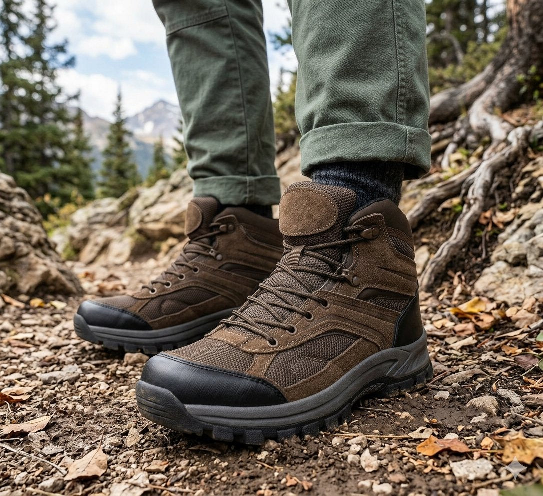 A pair of brown and black hiking boots worn with olive green pants, shown on a rocky, leaf-strewn mountain trail. big green bear biggreenbear.com