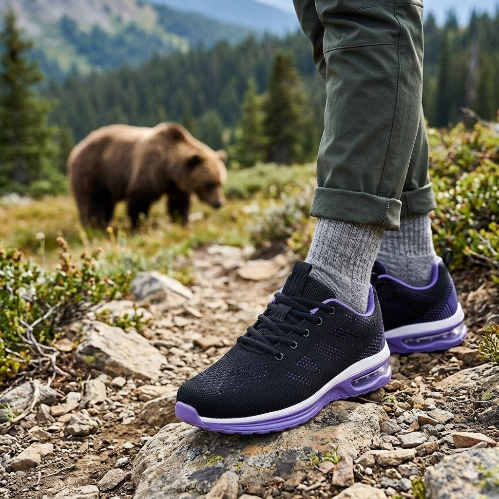 A person wearing black and purple trail running shoes and olive green pants stands on a rocky mountain path with a forest and a bear blurred in the background.