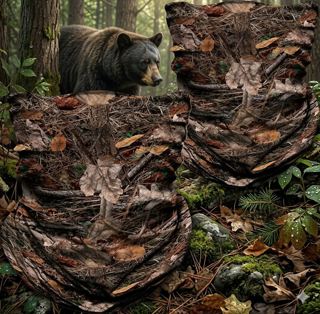 Two camouflage hunting blind panels with a realistic forest and leaf pattern, displayed in a forest setting with a bear in the background.