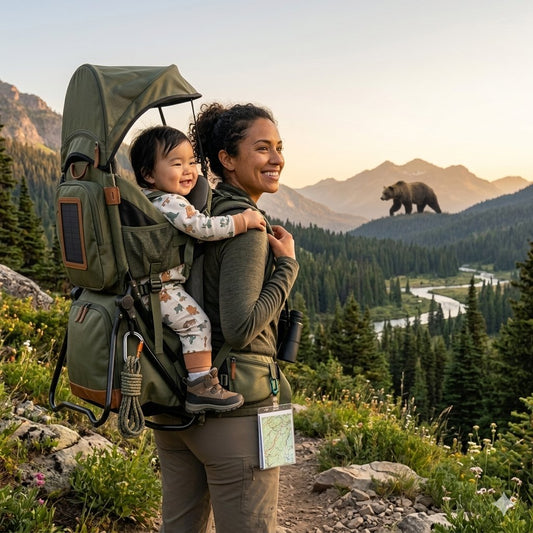 A woman hiking in a mountain landscape carries a child in an olive green baby carrier backpack. The backpack features a large canopy, side pockets, and a small solar panel on the upper side. big green bear biggreenbear.com