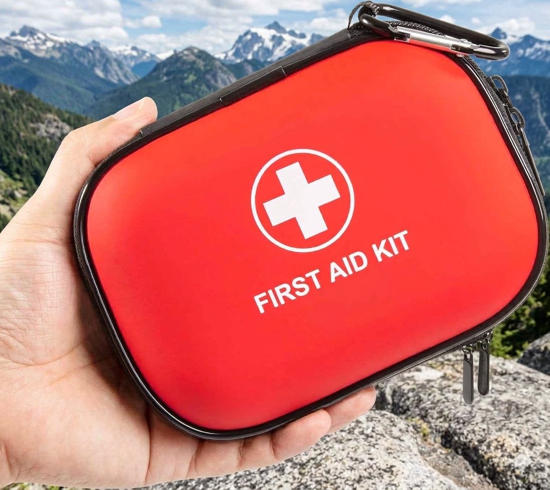 A red first aid kit case held in a hand, featuring a white medical cross and the text 'FIRST AID KIT' on the front, with a mountain landscape in the background. big green bear