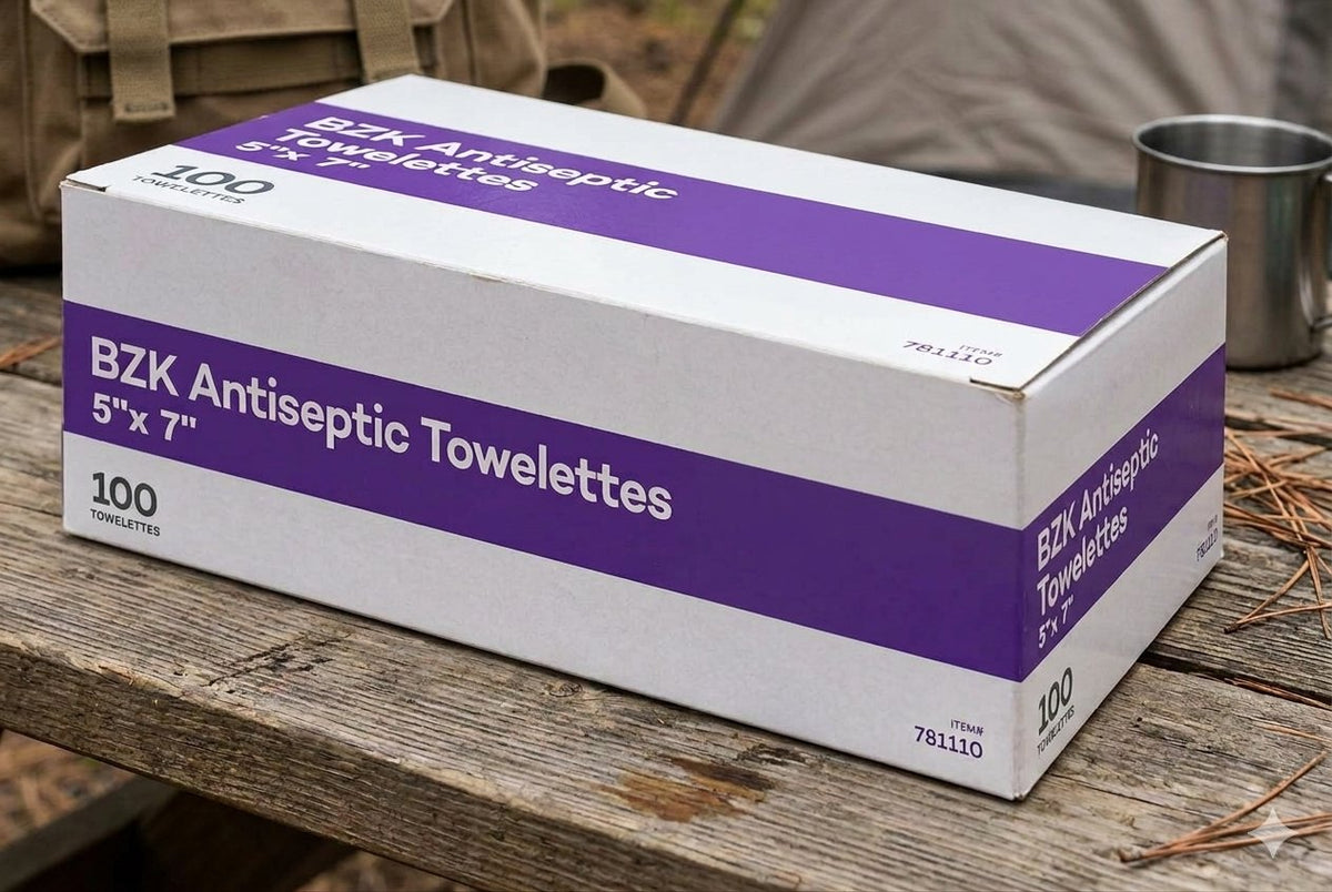 A white cardboard box of BZK Antiseptic Towelettes 5" x 7" with purple bands, sitting on a rustic wooden table outdoors. big green bear biggreenbear.com