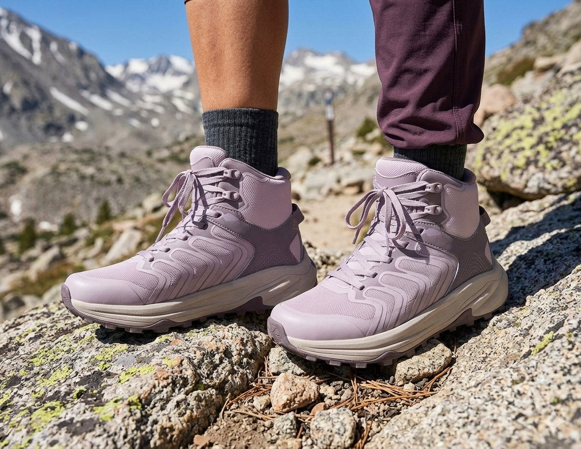 A close-up of a person hiking in mountain terrain, wearing a pair of mid-height lace-up hiking boots in a dusty lavender-purple color. The boots are shown on rocky ground with snow-capped mountains and blue sky in the background. big green bear biggreenbear.com