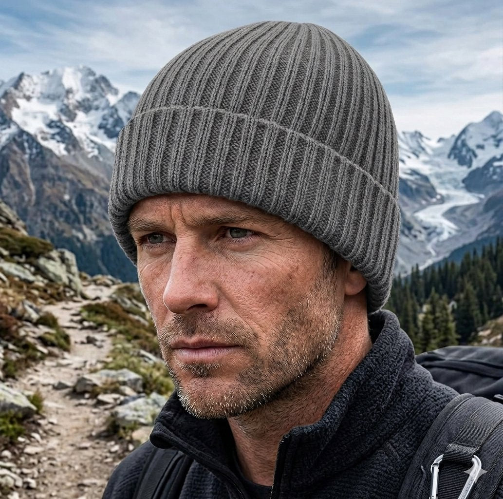 A close-up of a man wearing a ribbed gray beanie and a dark fleece jacket, set against a scenic mountain background with snow and pine trees. big green bear biggreebear.com