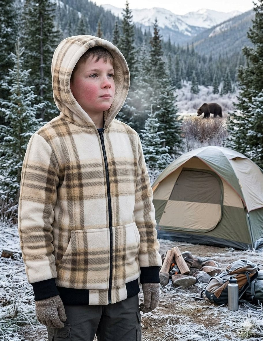 A young boy wearing a beige and brown plaid fleece zip-up hoodie stands in a snowy outdoor campsite setting with a tent, backpacks, evergreen trees, and mountains in the background.