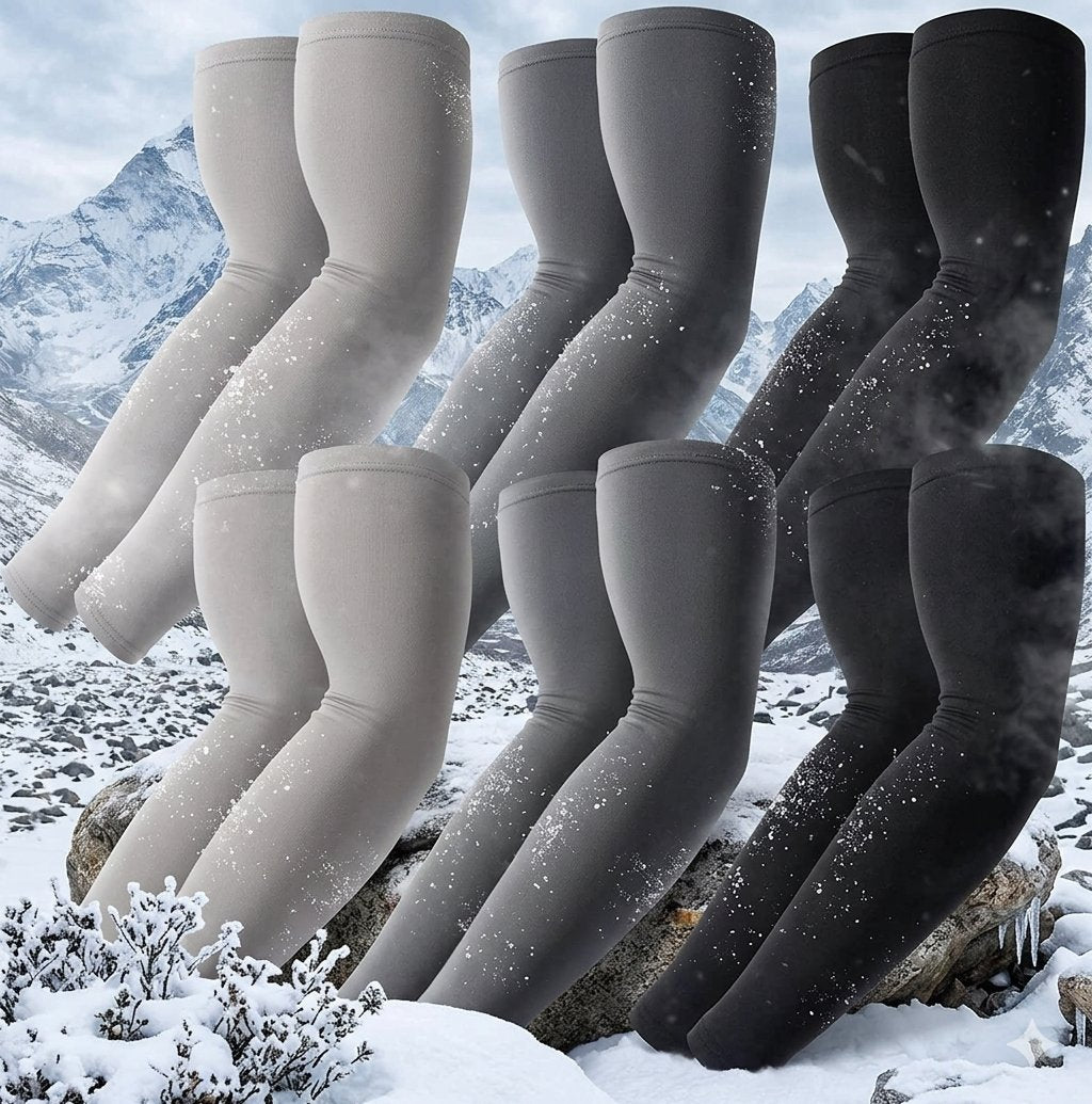 Nine pairs of full-length arm warmers in three colorways: light gray, medium gray, and black. They are arranged in rows on rocks in a snowy mountain landscape. big green bear biggreenbear.com