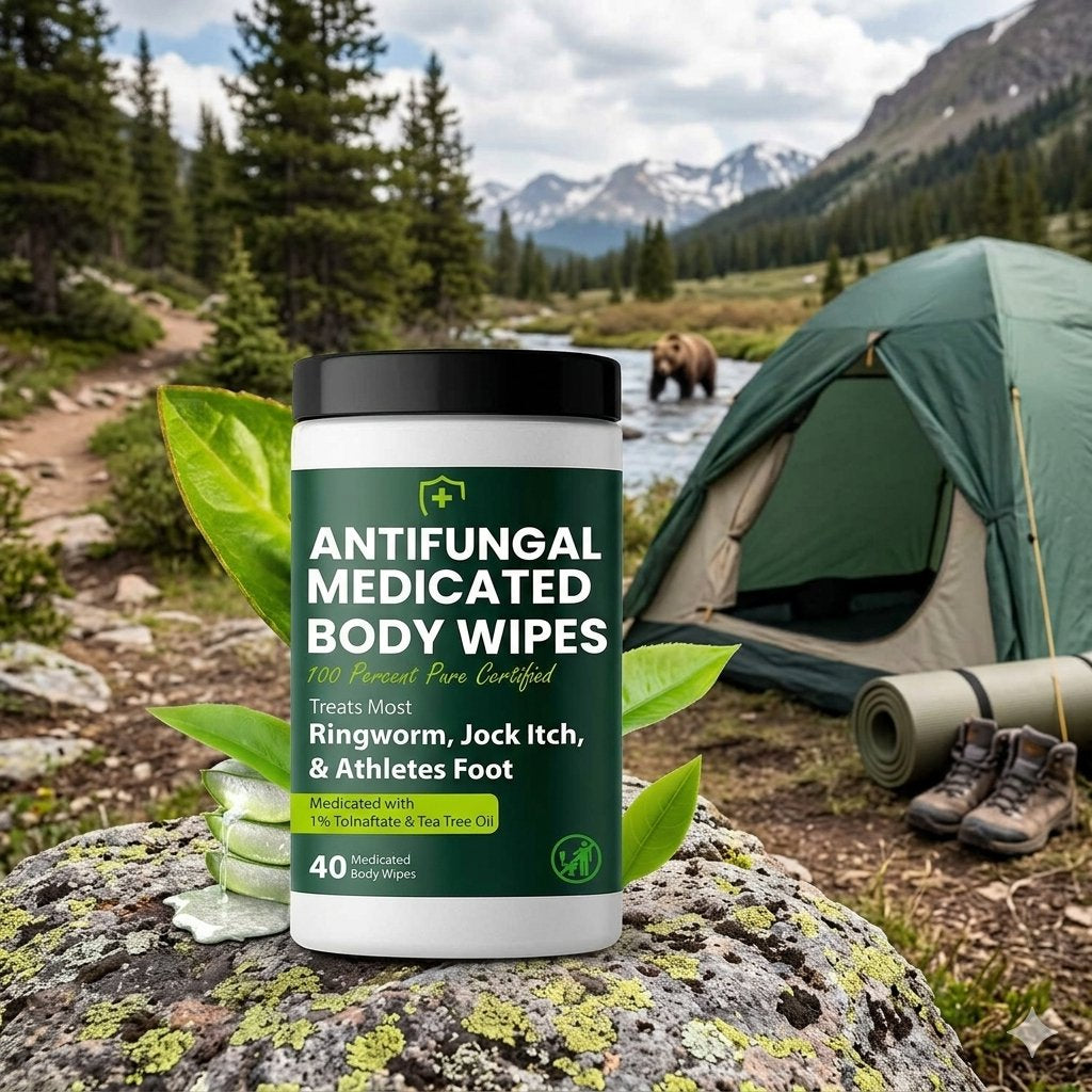 A jar of antifungal medicated body wipes is shown in a mountain camping scene with a tent, river, and bear in the background. The jar has a dark green label with white text and a black lid. biggreenbear.com big green bear