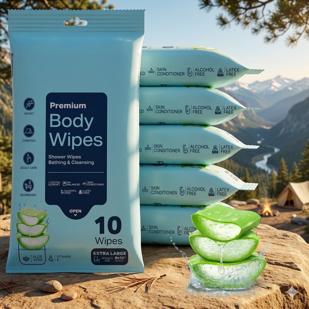 A package of premium body wipes stands on a wooden surface beside a stack of four additional wipes, with sliced aloe vera and a mountain camping scene in the background. big green bear biggreenbear.com
