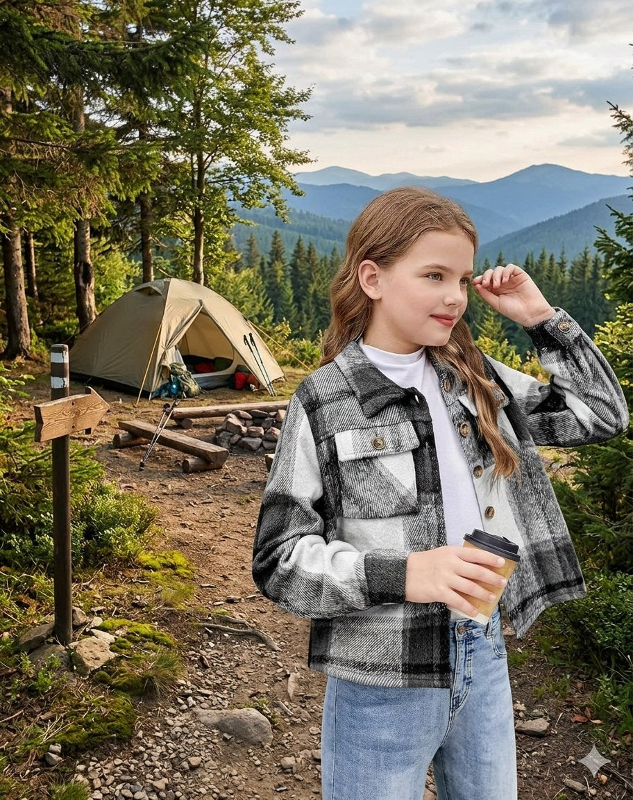 A young girl stands at a forest campsite wearing a black and white plaid flannel jacket over a white t-shirt and blue jeans, holding a coffee cup. A green tent and mountains are visible in the background.