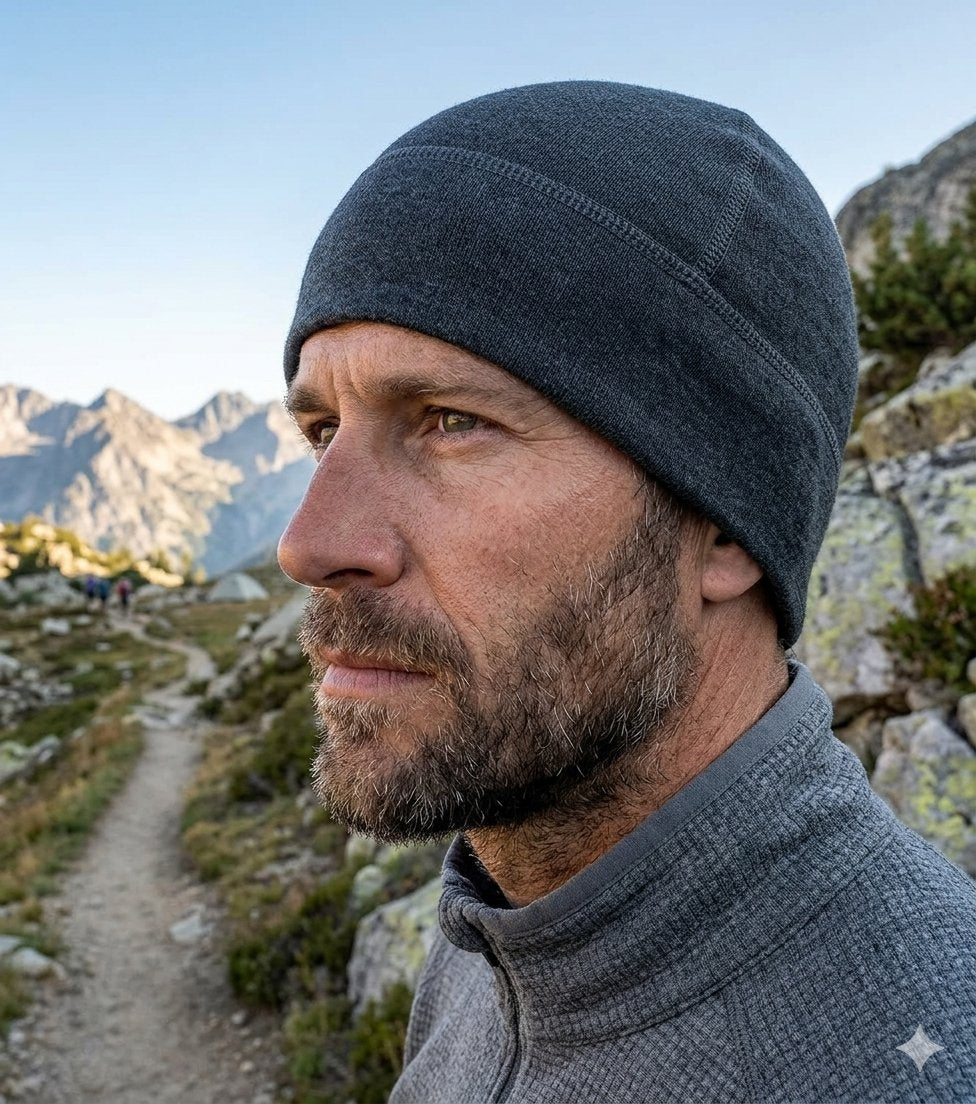 A man in profile wearing a dark gray knit beanie and a gray zip-up fleece jacket, standing on a mountain trail with rocky terrain and distant peaks in the background. big green bear biggreenbear.com