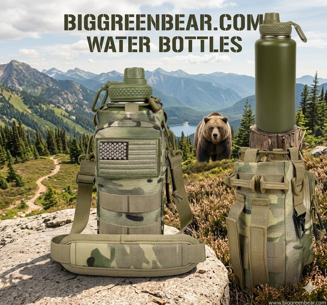 Outdoor promotional photo showing camouflage water bottles and a matching bottle carrier pack in a mountain landscape. A bear stands in the background, and large text at the top reads BIGGREENBEAR.