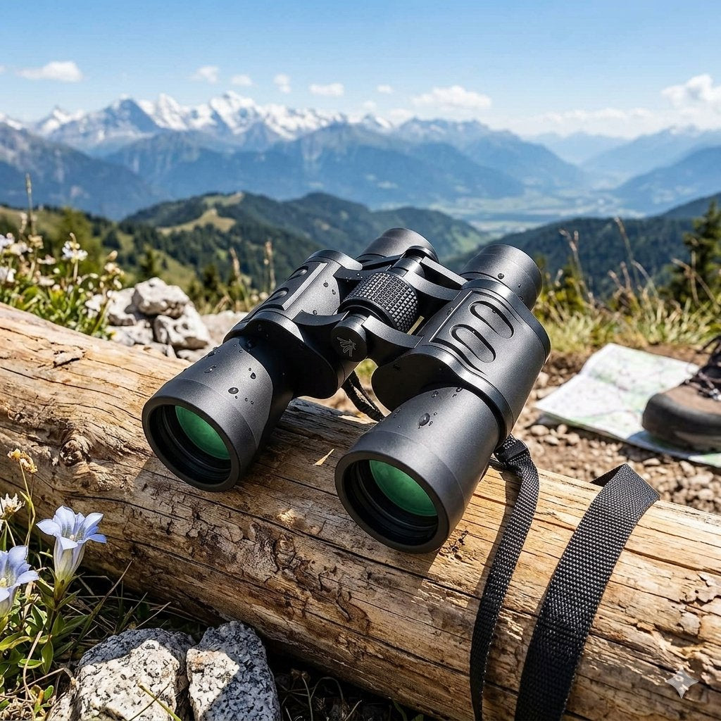 Black binoculars with green lenses resting on a weathered log in a mountain landscape, with snow-capped peaks, green hills, and a hiking boot visible in the background. big green bear biggreenbear.com