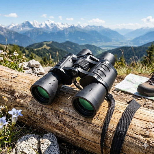 Black binoculars with green lenses resting on a weathered log in a mountain landscape, with snow-capped peaks, green hills, and a hiking boot visible in the background. big green bear biggreenbear.com